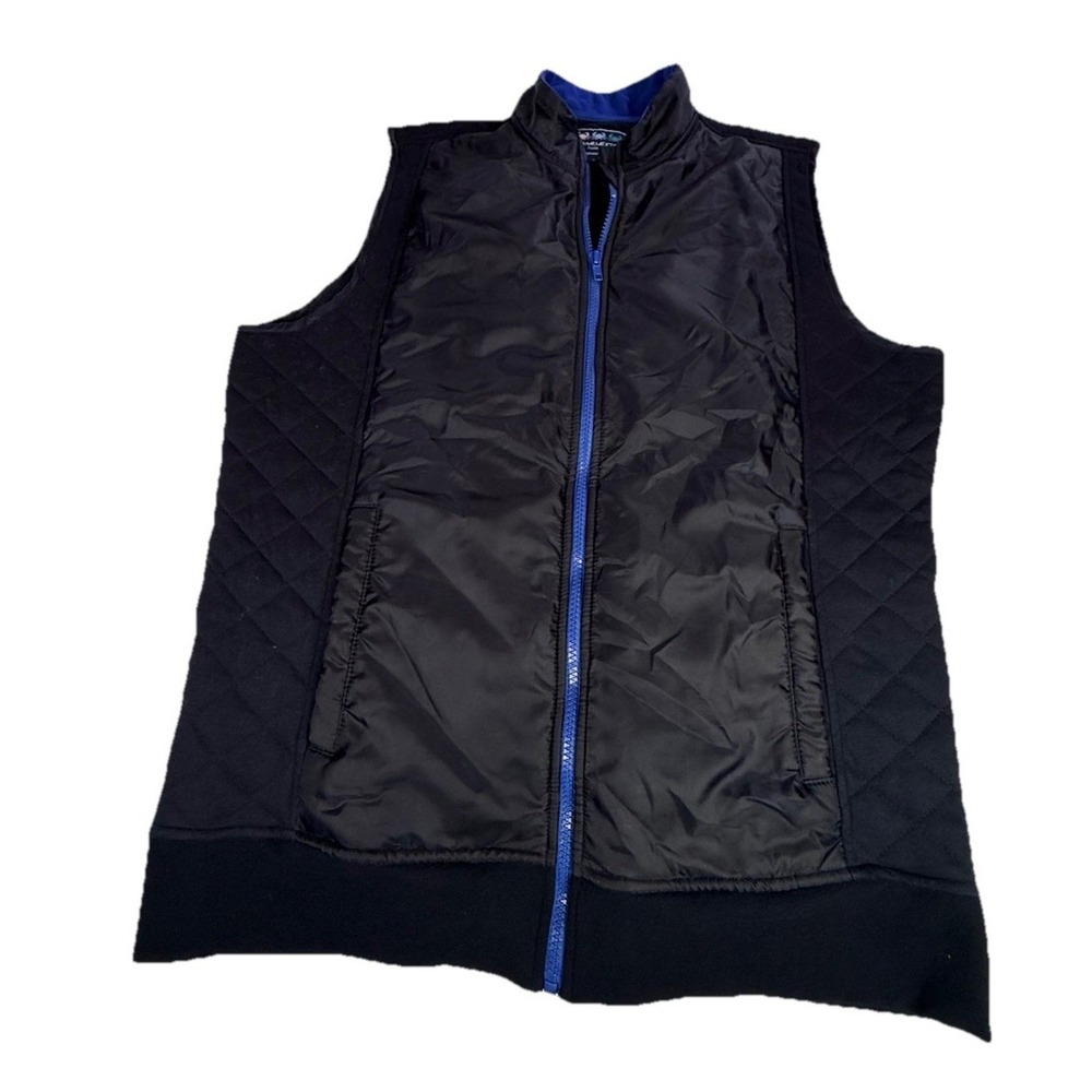 Charleston Threads black quilted zip vest with blue lining, Unisex Large POCKETS